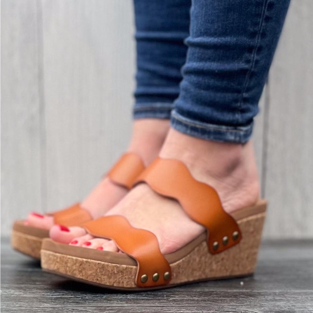 Corkys Footwear Obviously cognac brown Scalloped Double Strap Wedges - Picture 4 of 7